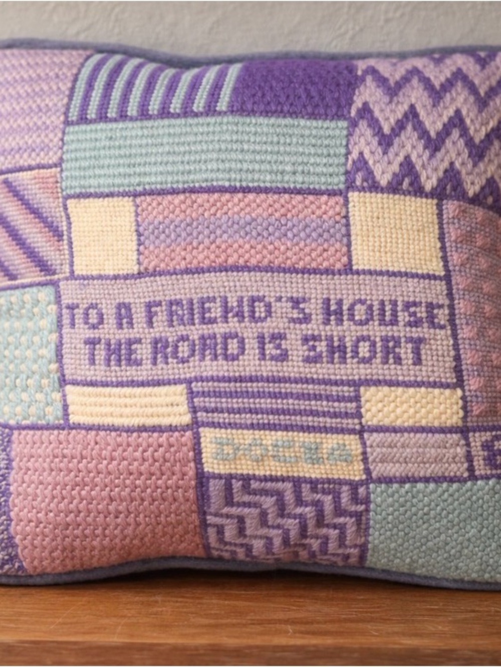 Vintage Purple and Pastel Needlepoint Patchwork Decorative Pillow